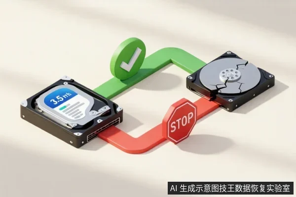 两块硬盘分别连接绿色对勾路径和红色STOP路径,示意逻辑故障可恢复与物理损坏需停止操作。