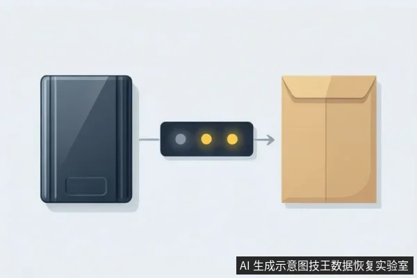 左侧为深灰色外置移动硬盘，中间是带三个指示灯的小模块，其中两盏亮黄灯，右侧为牛皮纸信封，箭头自左向右连接三者。