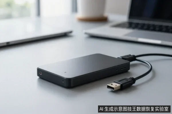 灰色桌面上放着一块黑色方形外置硬盘,侧面有指示灯和接口,连着一根USB线,线缆末端USB-A插头朝向镜头;背景有笔记本电脑和杯子。