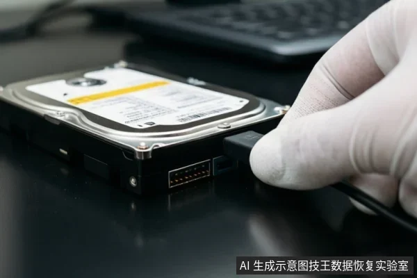 戴白色手套的手正将SATA数据线插入机械硬盘接口,硬盘平放在黑色桌面上,背景有键盘。