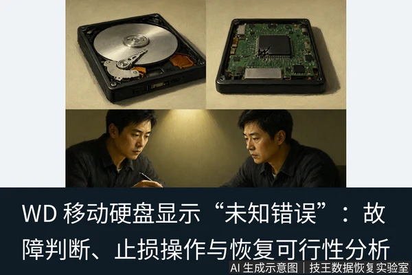 文章内容场景示意图：WD 移动硬盘显示“未知错误”：故障判断、止损操作与恢复可行性分析：正文场景
