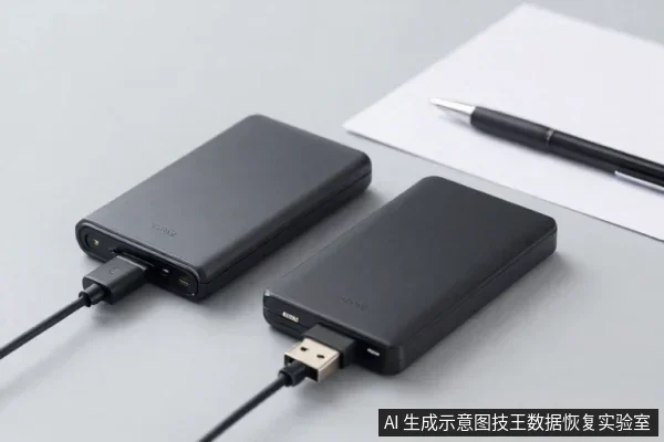 两个黑色移动硬盘平放在灰色桌面上,左侧硬盘侧面插着USB数据线,右侧硬盘的USB插头朝向镜头,背景有白纸和一支笔。