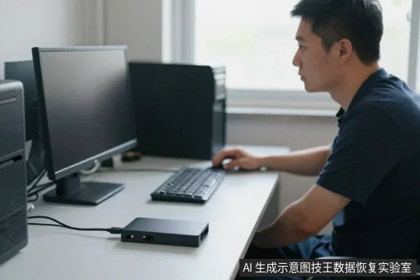 一名亚洲男性坐在办公桌前，右手操作鼠标，面前有一台显示器和键盘，桌面左侧放着一台黑色台式主机，前方有一个黑色外置硬盘盒通过线缆连接。