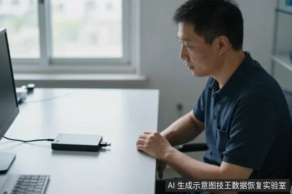 一名亚洲成年男性坐在办公桌前,注视电脑屏幕,桌面放着一台黑色外置硬盘盒,旁边有键盘和鼠标。