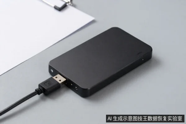 黑色移动硬盘平放在灰色桌面上,USB数据线插在硬盘接口上,旁边有白色纸张