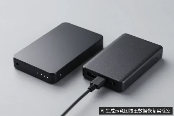 两个黑色外置硬盘并排放置,右侧硬盘连接着黑色数据线。