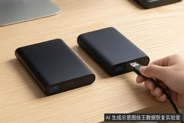 木质桌面上放着两块黑色移动硬盘,一只手正将USB数据线插入其中一块硬盘的接口。