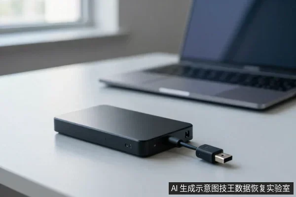 浅色桌面上放着一块黑色外置硬盘,通过USB线连接,后方有一台打开的笔记本电脑,背景是窗户。