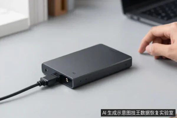 深灰色移动硬盘平放在浅色桌面上,USB线插入侧面接口,右侧有一只手靠近,背景可见笔记本电脑一角。