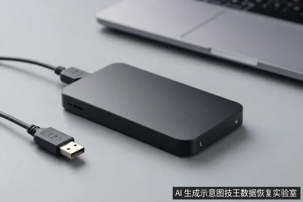 黑色移动硬盘平放在灰色桌面上,USB数据线插在硬盘侧面接口,线缆另一端USB插头朝向镜头,背景有一台笔记本电脑。