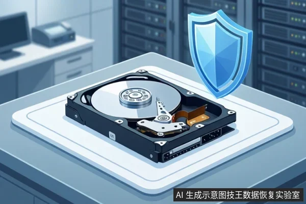 插画中一块打开的机械硬盘放在白色托盘上,旁边有蓝色盾牌图标,背景为机房机柜。