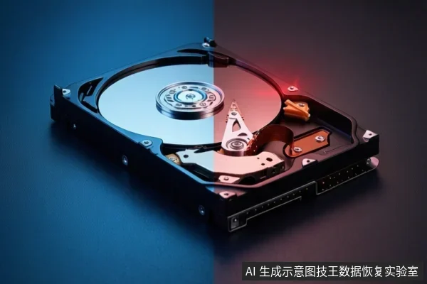 一块打开外壳的机械硬盘,盘片、主轴电机和磁头臂清晰可见,背景为蓝红双色分割。