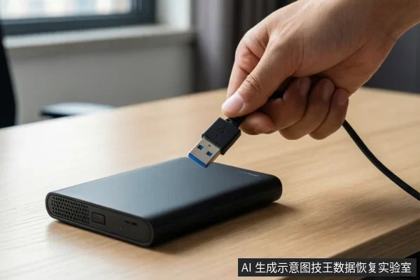 一只手正将USB-A数据线插头对准桌面上的黑色移动硬盘,准备插入或展示连接方式。