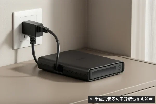 桌面上放置一个黑色移动硬盘，一根电源线从墙壁插座连接到硬盘的电源接口。