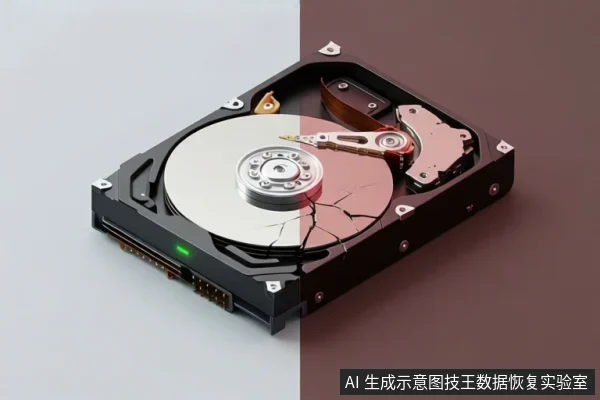一张机械硬盘的3D渲染图,硬盘外壳打开,露出内部盘片和磁头组件。盘片表面有明显的裂纹,背景分为灰白和红褐两色。