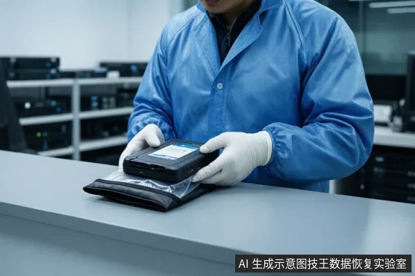 穿蓝色防静电服、戴白色手套的技术人员双手持黑色移动硬盘,置于防静电袋上方,背景为设备机架。