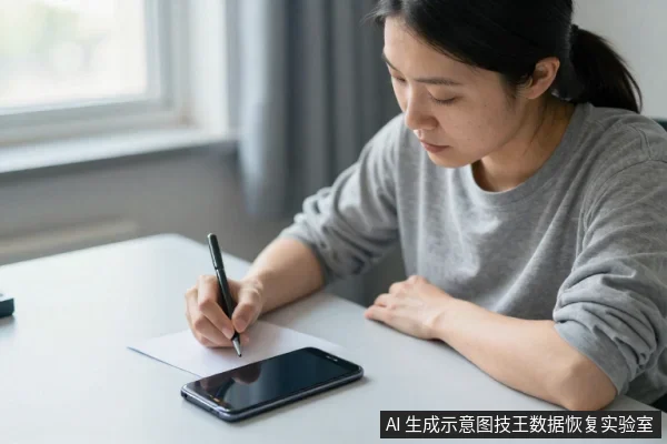 一名亚洲女性坐在桌前，右手持笔在纸上书写，桌上放着一部黑色智能手机，画面为室内自然光场景。