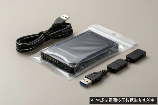 浅色桌面上,一块3.5英寸机械硬盘装在透明自封袋内,旁边放着一根盘绕的USB数据线和一段带蓝色舌片的USB转接延长线。