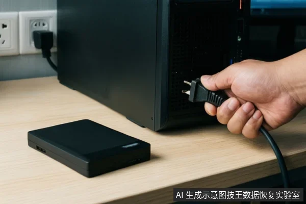 一只手握着电源线插头,准备插入或拔出黑色电脑主机后部接口,桌面上放着一块黑色外置硬盘。