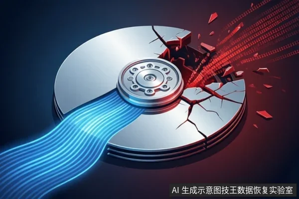 画面展示一个银色机械硬盘盘片,右侧出现红色裂纹和碎片飞溅,左侧有蓝色数据流从中心轴延伸而出,背景为深色渐变。
