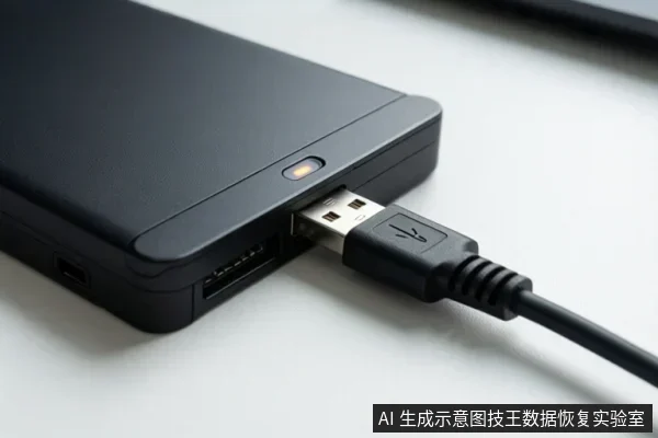 黑色移动硬盘侧面插入USB数据线,硬盘指示灯亮起,旁边可见另一个USB接口。