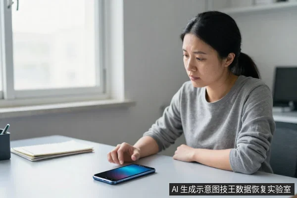 一名亚洲女性坐在桌前,低头注视桌面上的智能手机,旁边有笔记本和笔筒。