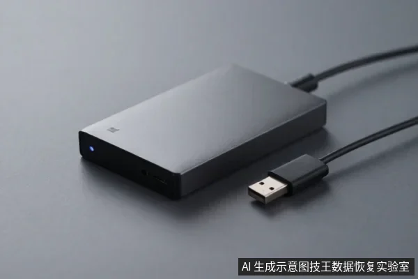 灰色背景上,一个黑色长方形外置硬盘平放,侧面亮着蓝色指示灯,旁边有一根USB数据线,插头朝向镜头。