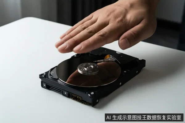 一只手悬停在白色桌面上一个打开外壳的机械硬盘上方，硬盘盘片、主轴和磁头臂清晰可见。