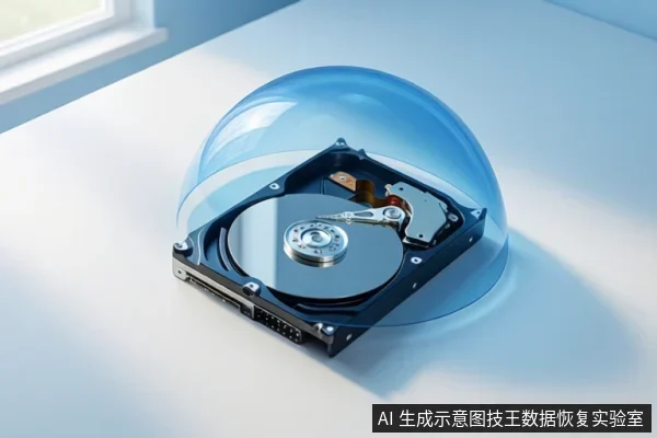 白色桌面上放置一块打开外壳的机械硬盘，盘片与磁头组件可见，上方罩有蓝色透明半球形罩体。