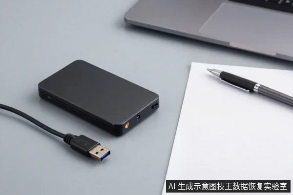 灰色桌面上放着一块黑色移动硬盘，USB线插头已从硬盘接口拔出，旁边有笔记本电脑、白纸和笔。