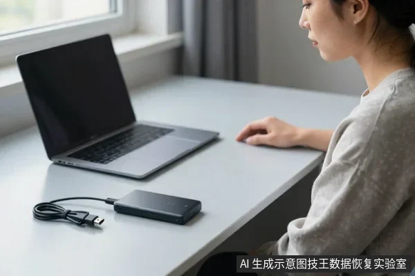 一名亚洲女性坐在桌前,面前是一台打开的笔记本电脑,桌面放着一个黑色移动硬盘和一根数据线,她正看向电脑屏幕。
