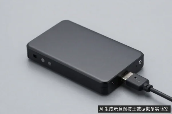 灰色桌面上放置一个黑色长方形移动硬盘,侧面有指示灯和接口,一根USB数据线插在硬盘上。
