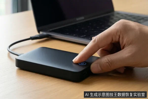 一只手正在按压一个黑色移动硬盘上的电源按钮,硬盘通过数据线连接到背景中的笔记本电脑。