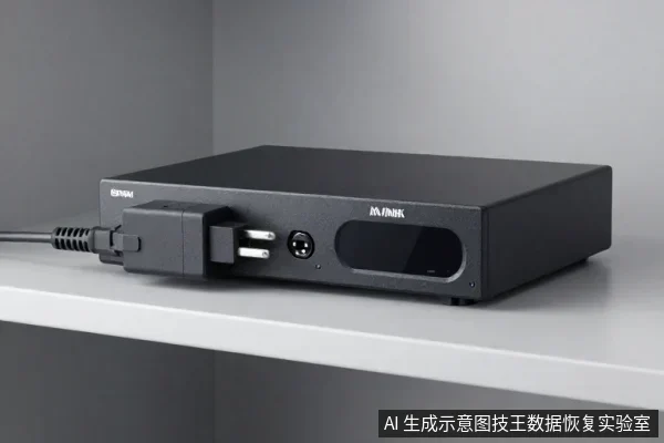 一台黑色录像存储设备平放在白色台面上，左侧插有电源线，正面有品牌标识和接口