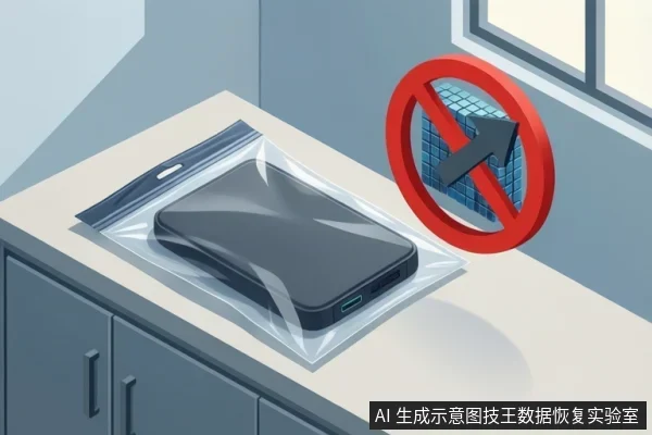 桌面上透明自封袋内装着一台黑色外置硬盘盒,右侧红色禁止符号覆盖硬盘与箭头图标,示意禁止向原介质写回。