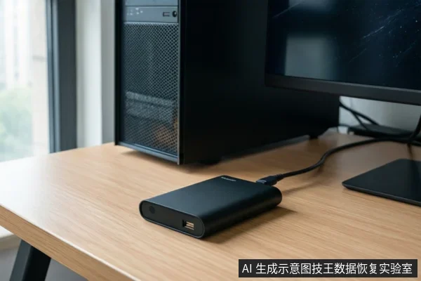 木质桌面上放置一台黑色台式电脑主机和显示器,前景有一个黑色移动硬盘通过数据线连接,旁边有一块黑色触控板。
