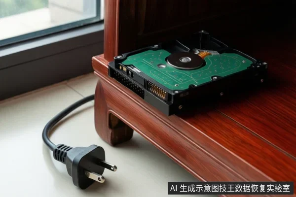 木桌上放着一块开盖机械硬盘，绿色电路板朝上，旁边地面有一根未插入的三脚电源线插头。