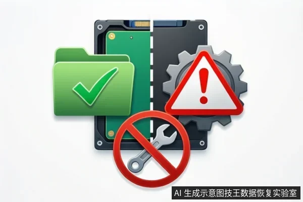 一块中间断裂的硬盘图标,左侧有绿色文件夹和对勾,右侧有齿轮和红色警告三角,下方有红色禁止扳手图标。
