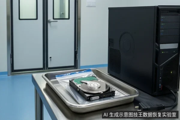 不锈钢托盘置于桌面，袋内平放一块开盖机械硬盘，右侧黑色主机旁电源线盘绕未接，背景为带玻璃窗的实验室门