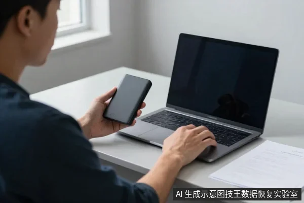 一名亚洲男性坐在桌前,左手持黑色移动硬盘,右手操作笔记本电脑,桌面右侧放有纸质文件。
