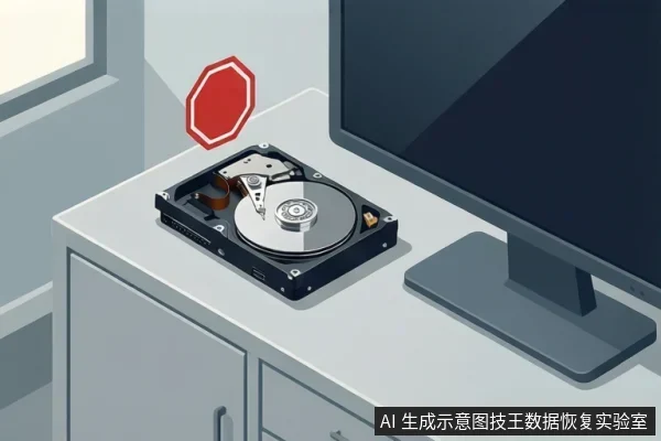白色桌面上放着一块开盖机械硬盘,可见盘片与磁头臂,硬盘上方有红色八边形停止标志,右侧为一台显示器。