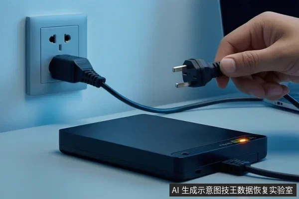 桌面黑色外置硬盘指示灯亮起,侧面插有线缆;墙上电源插座已插一插头,一只手握着三脚电源插头悬于插座旁。