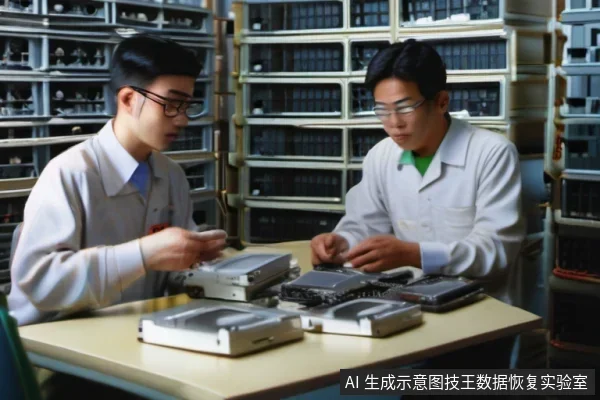 两名穿白大褂的亚洲男性在实验室里检查桌上的多块机械硬盘,背景是存放硬盘的架子。