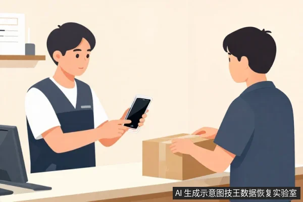 快递员在柜台前用手机扫码,顾客双手抱着纸箱准备寄件。