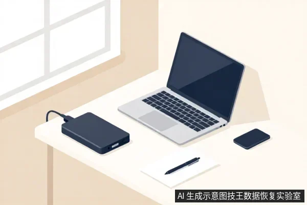浅色桌面上放着一台打开的笔记本电脑、一块连接黑色数据线的移动硬盘、一部手机和一张带笔的白纸，旁边有窗户。