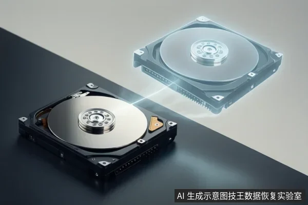 一块打开外壳的机械硬盘平放在深色桌面上,旁边悬浮着同一硬盘的半透明镜像示意,可见金属盘片、主轴和接口。