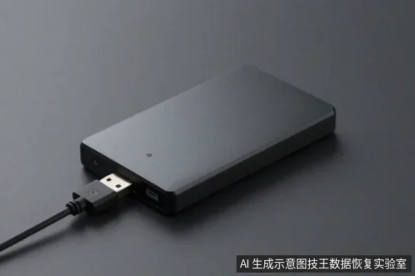 深色背景上，一个黑色长方形外置硬盘盒平放，侧面USB接口插着一根USB数据线，接口旁有红色指示灯。