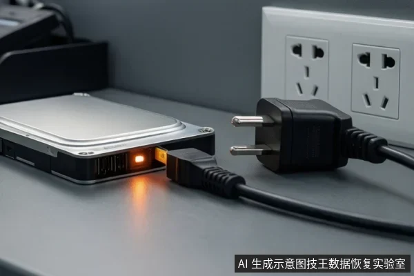 桌面上放着一个亮着指示灯的外置硬盘,插着USB数据线,旁边放着一个电源插头和墙壁插座。