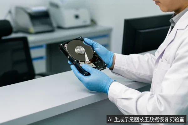 穿白大褂戴蓝色手套的成年人双手托起一块打开的机械硬盘,露出盘片与磁头组件,背景为实验室工作台与设备。