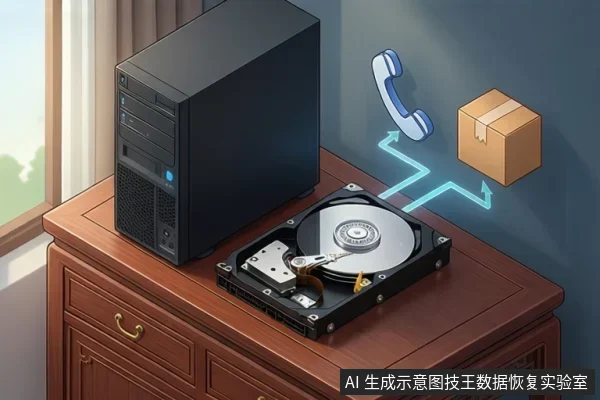木桌上放一台黑色台式主机,旁边是一枚开盖机械硬盘,可见盘片与磁头臂;上方有电话和纸箱图标,用箭头相连。